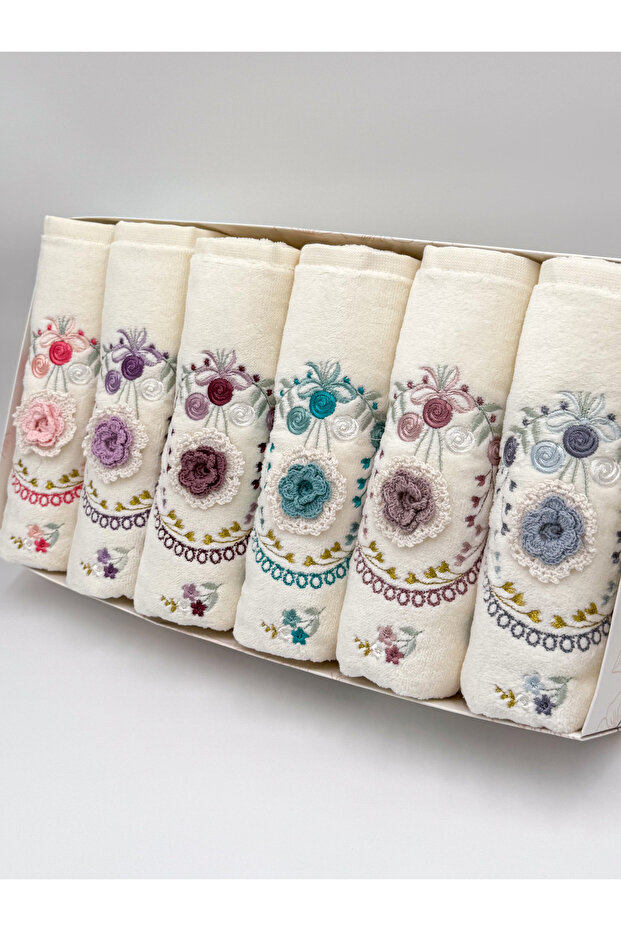 3D Embroidered Flower Embroidered 6-Piece 50x90 Hand and Face Towel Set