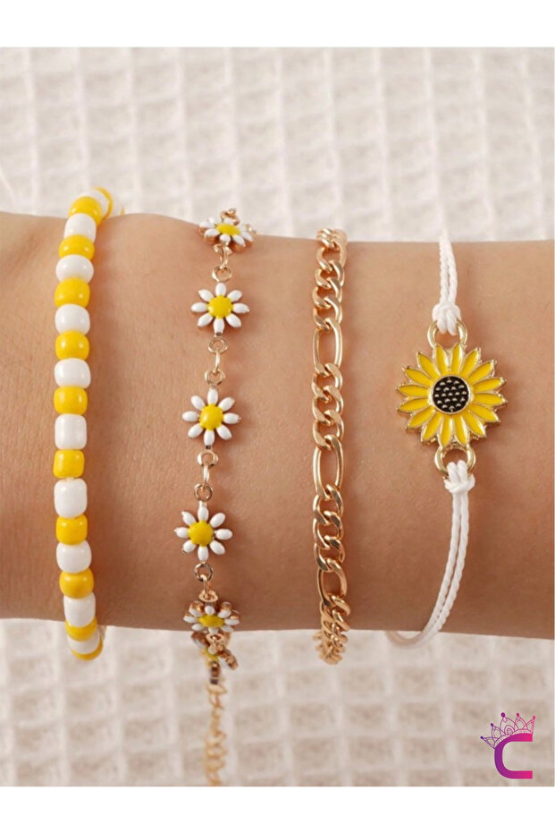 4-Piece Summer Combination Sunflower Daisy Beaded Chain Rope Anklet Bracelet - Sea Beach Jewelry Ankle