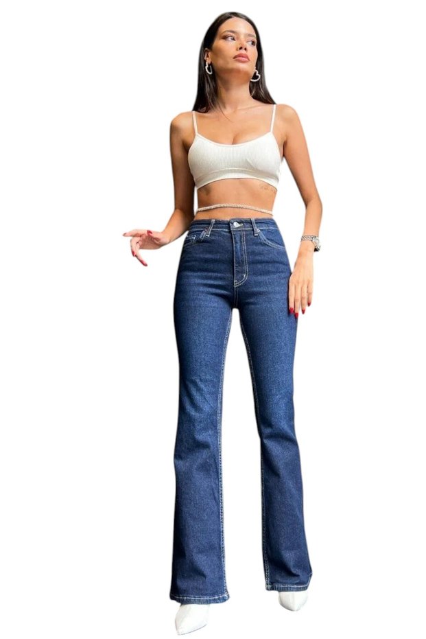 Hotlie Women's High Waist Dark Blue Flare Jeans