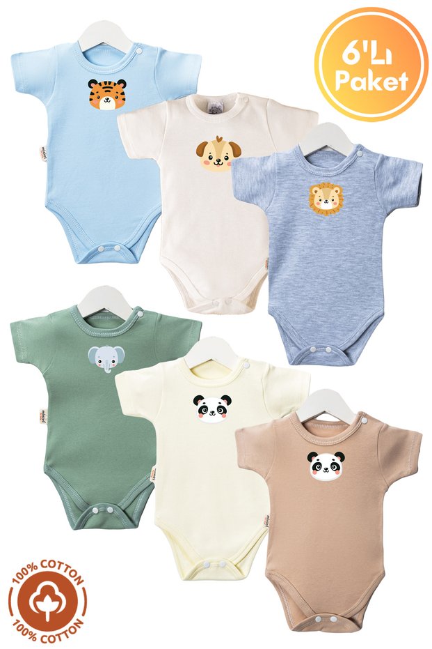 Unisex 100% Organic Cotton Cute Animals Printed 0-12 Months 6-Piece Short Sleeve Baby Bodysuit Set