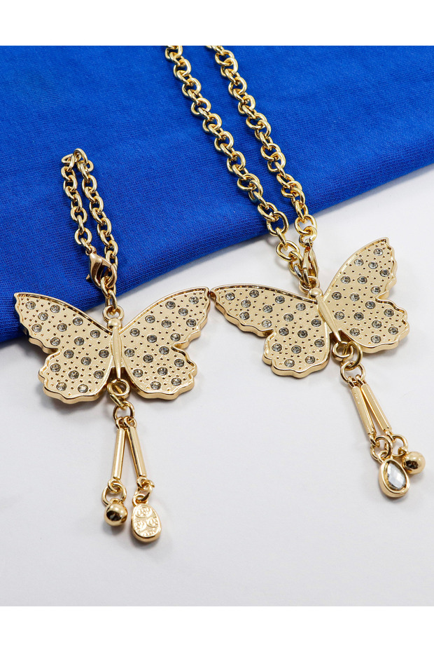 Gold Colored Shiny Stone Cluster Butterfly Car Rearview Mirror Ornament, Keychain Set of 2