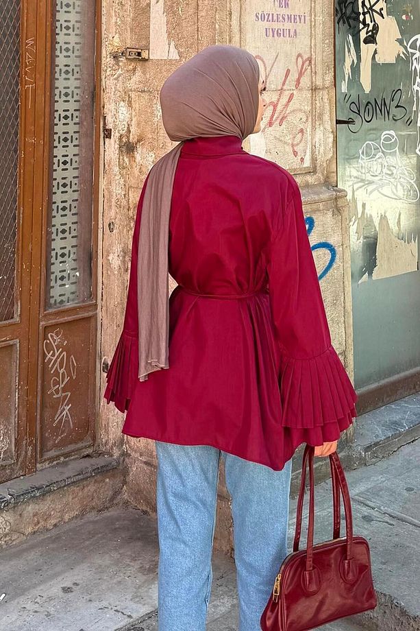 Piliseli Uzun Gömlek Bordo - 4