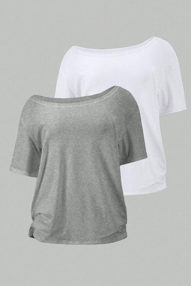 Gray White 2-Pack Women's Off Shoulder Boat Neck Oversize T-Shirt