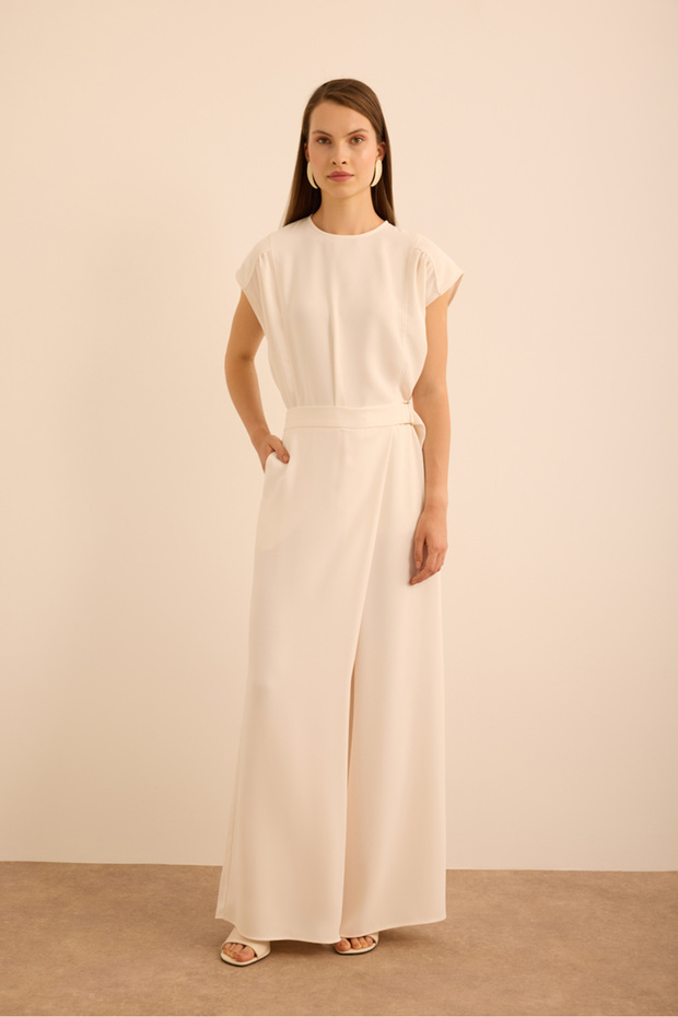 Woven Trousers with Metal Buckle Tie Detail at the Waist