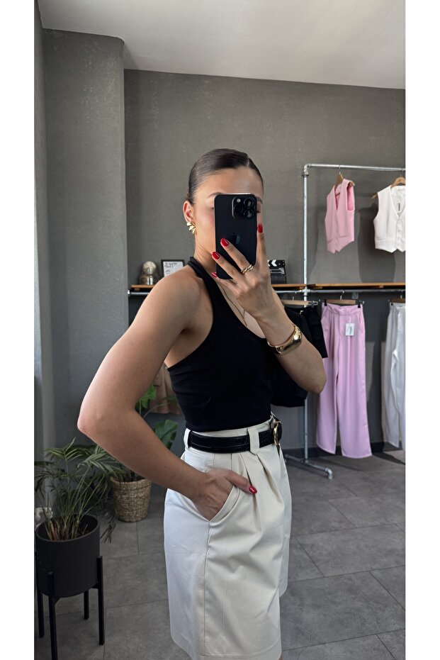 بلوزة مضلعة بياقة رسن وظهر مكشوف - 5