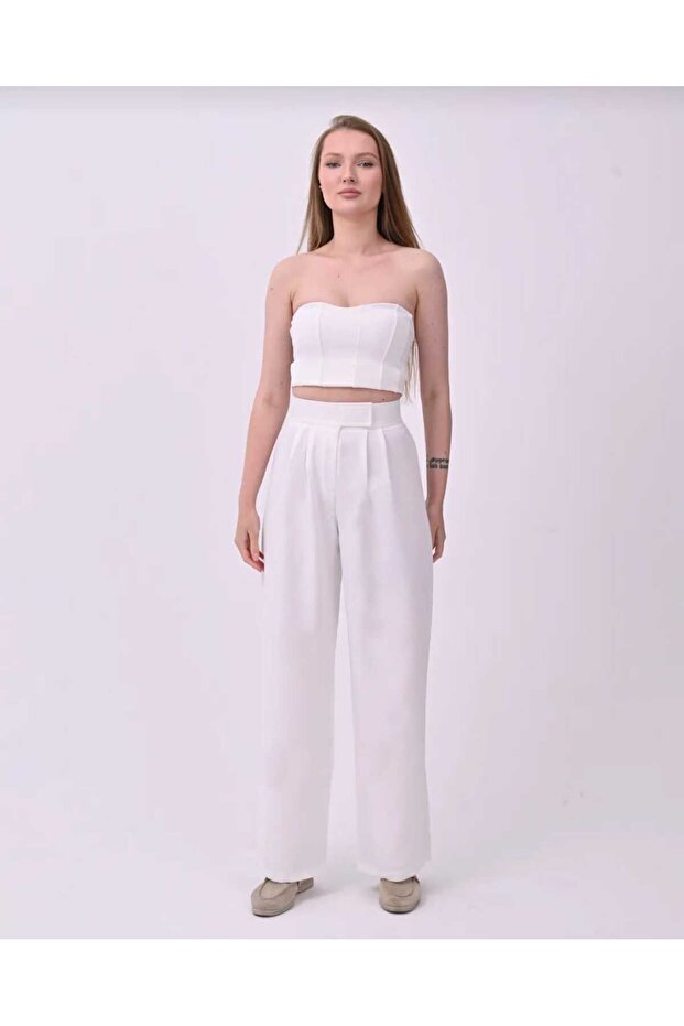High Waist Front Pleated Velcro Closure Plus Size Seersucker Palazzo Pants