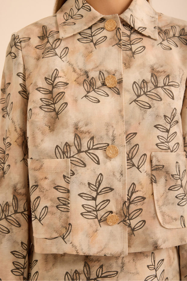 Leaf Patterned Linen Short Jacket - 5