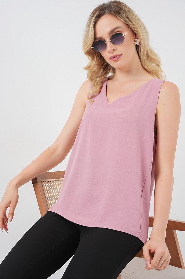 V Yaka Sıfır Kol Bluz 950 - Pembe - 1
