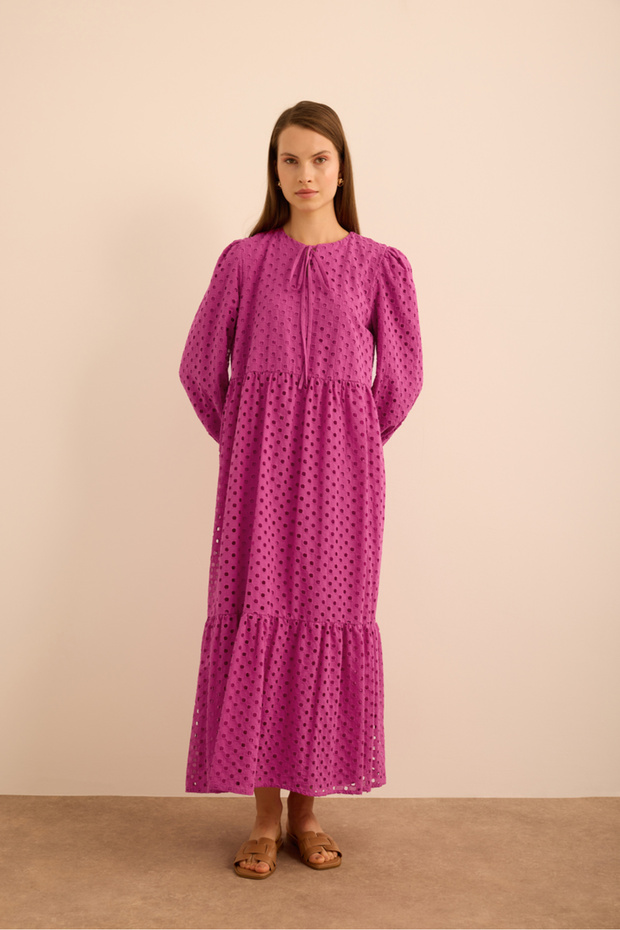 Hacimli Cotton Brode Elbise - 3