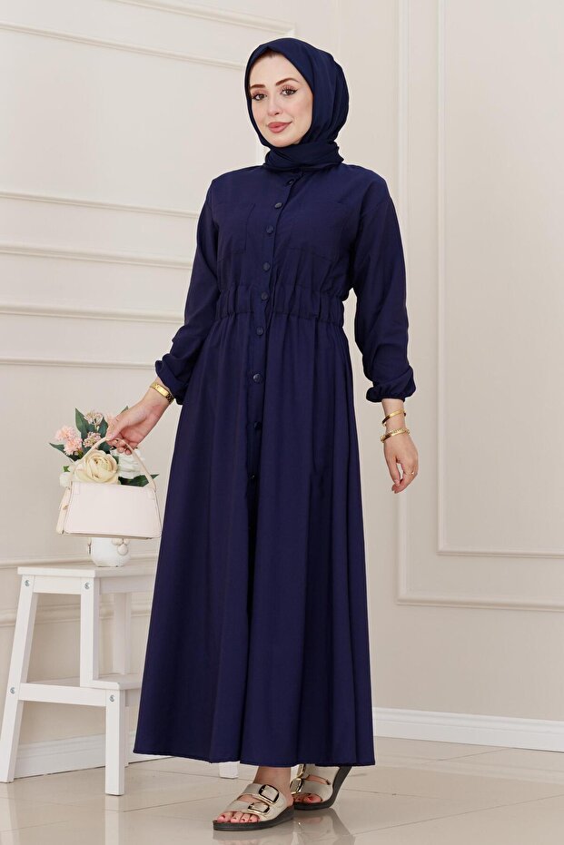Elastic Waist Pocketed Yasmin Dress-Navy Blue