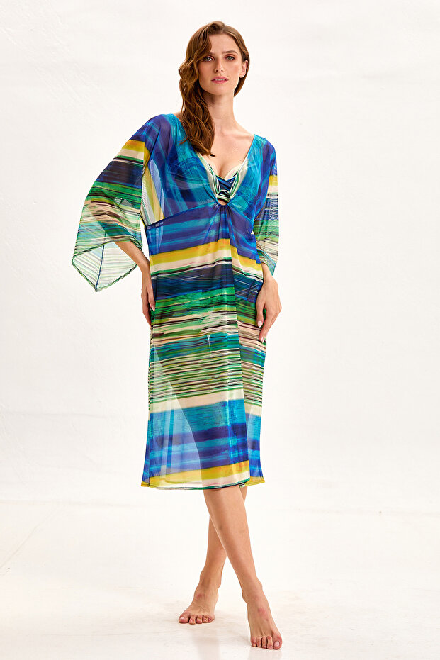 قفطان بتفاصيل حلقة مخططة باللون الأخضر - 1