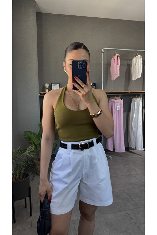 بلوزة مضلعة بياقة رسن وظهر مكشوف - 1