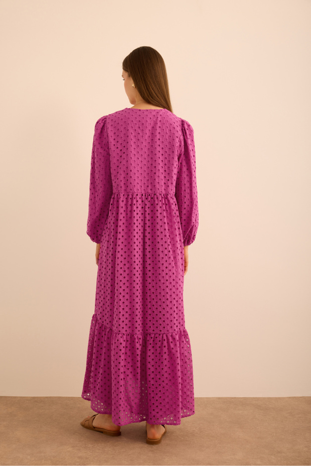 Hacimli Cotton Brode Elbise - 6