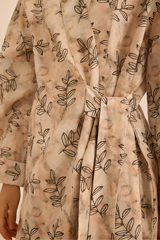 Leaf Patterned Linen Side Tie Kimono - 5