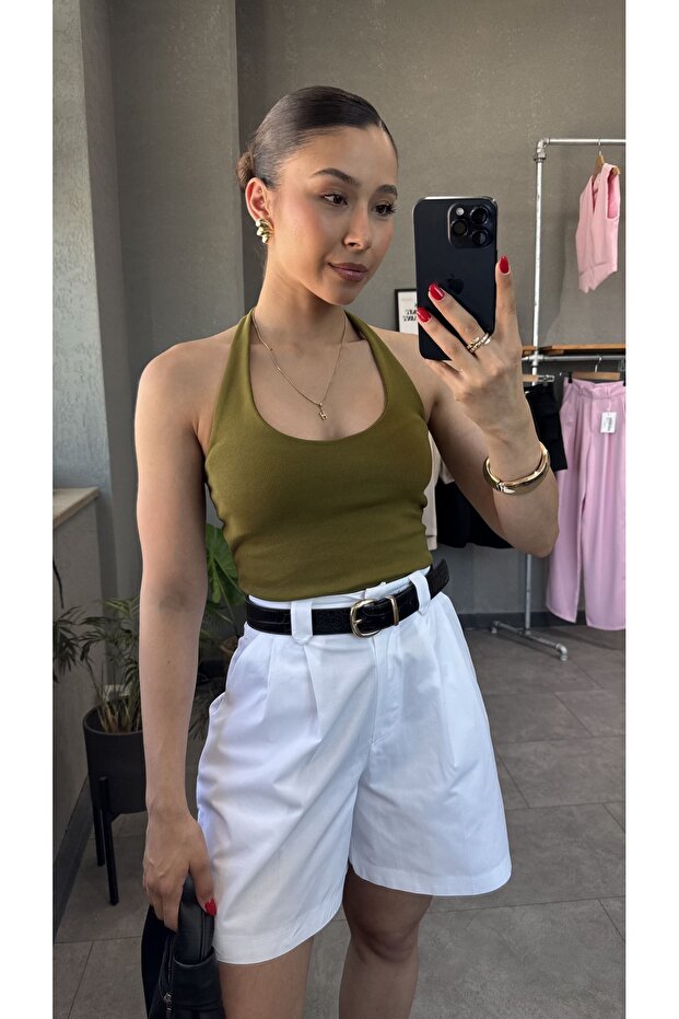 بلوزة مضلعة بياقة رسن وظهر مكشوف - 3