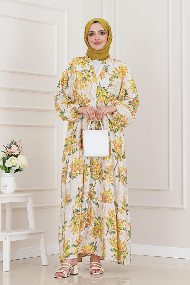فستان ميموزا منقوش بنصف أزرار - أصفر - 2