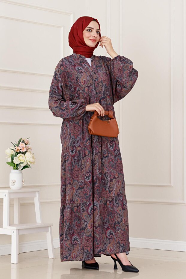 Shawl Pattern Half Button Robe Dress-Purple - 3