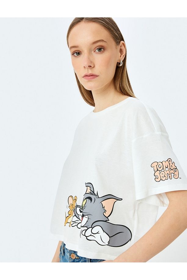 Tom ve Jerry Lisanslı Baskılı Oversize Crop Tişört - 1