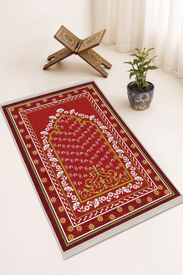 Red Yellow Flower Patterned Digital Printed Non-Slip Prayer Rug 75X120 cm
