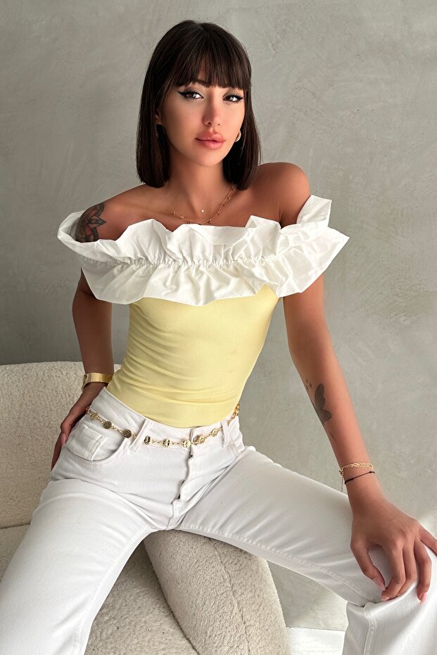 Gathered Madonna Collar Ruffled Stretchy Corded Fabric Slim Fit Stylish Blouse