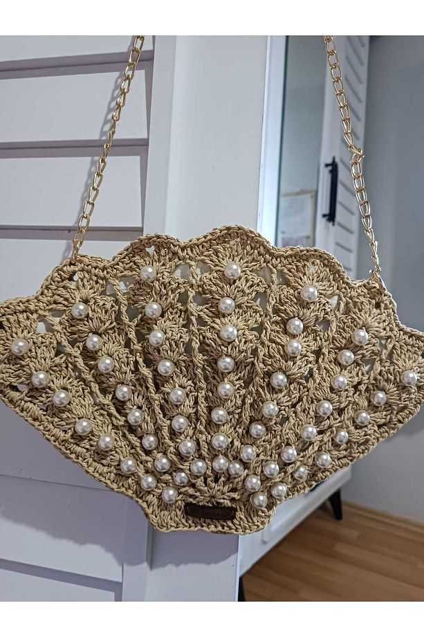 Midye model hasır renk kağıt iple örülen çanta - 2