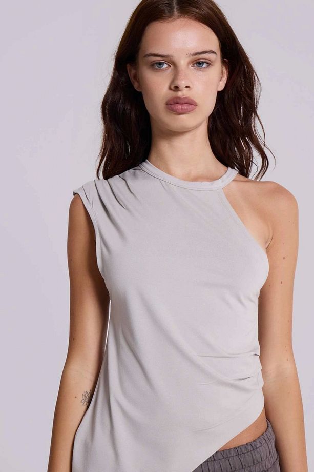Kadın Gri Asimetrik Tek Omuz Drapeli Jersey Crop Bluz - 5