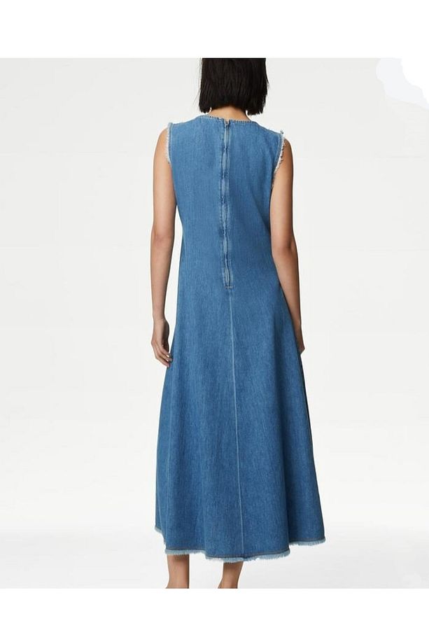 Pamuklu Denim Midi Boy Elbise - 6