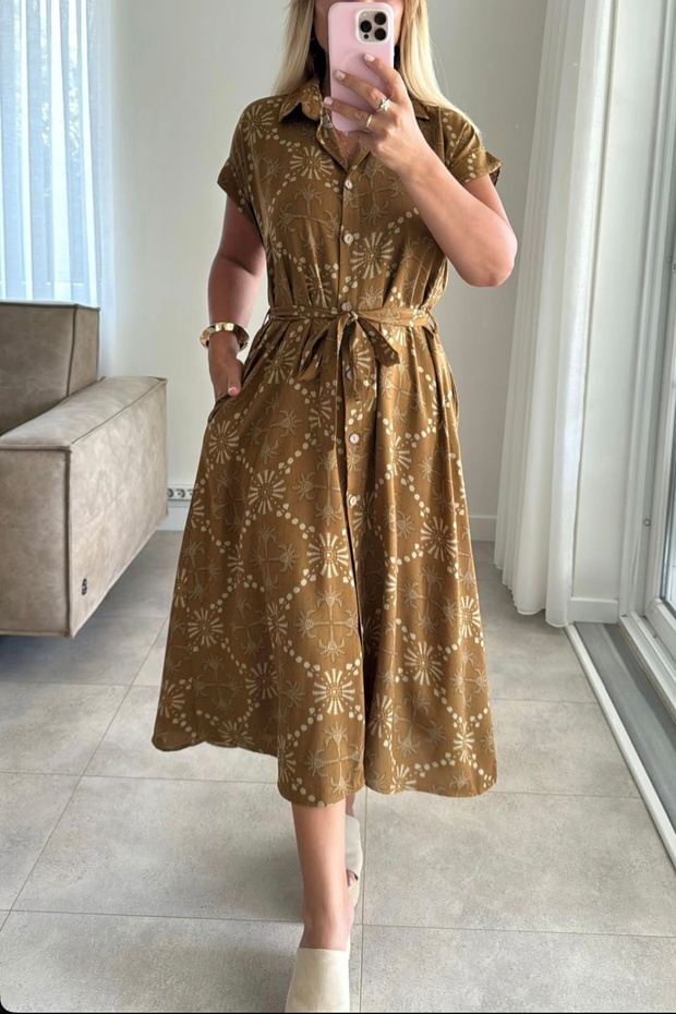 Women's Brown Ethnic Retro Patterned Pocketed Loose Relaxed Fit Shirt Dress
