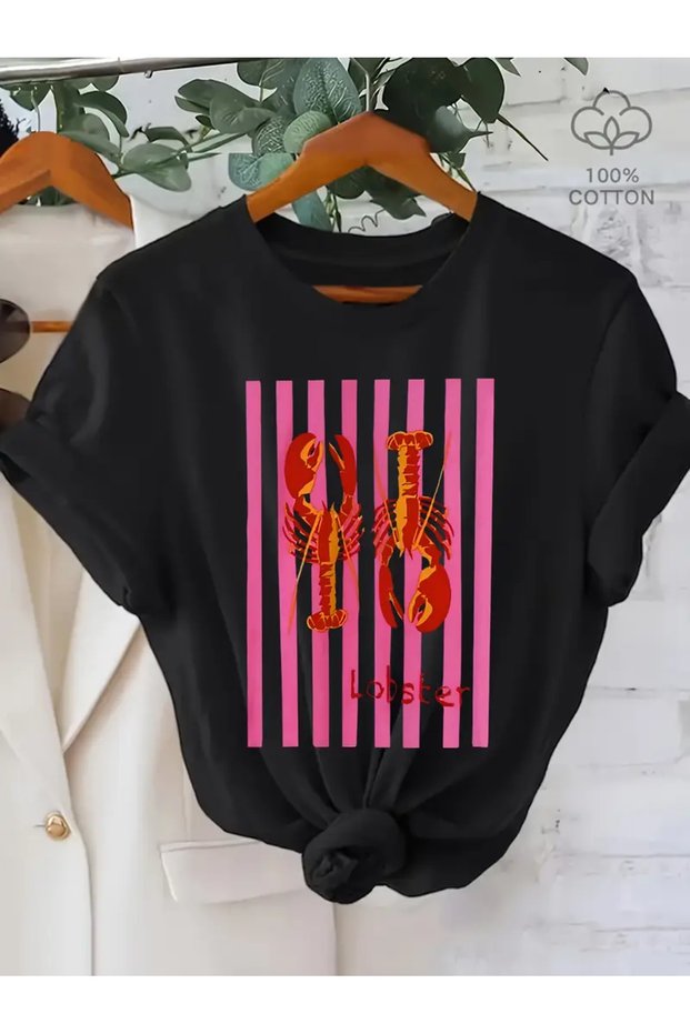 Unisex Lobster Printed Oversize Crew Neck T-Shirt