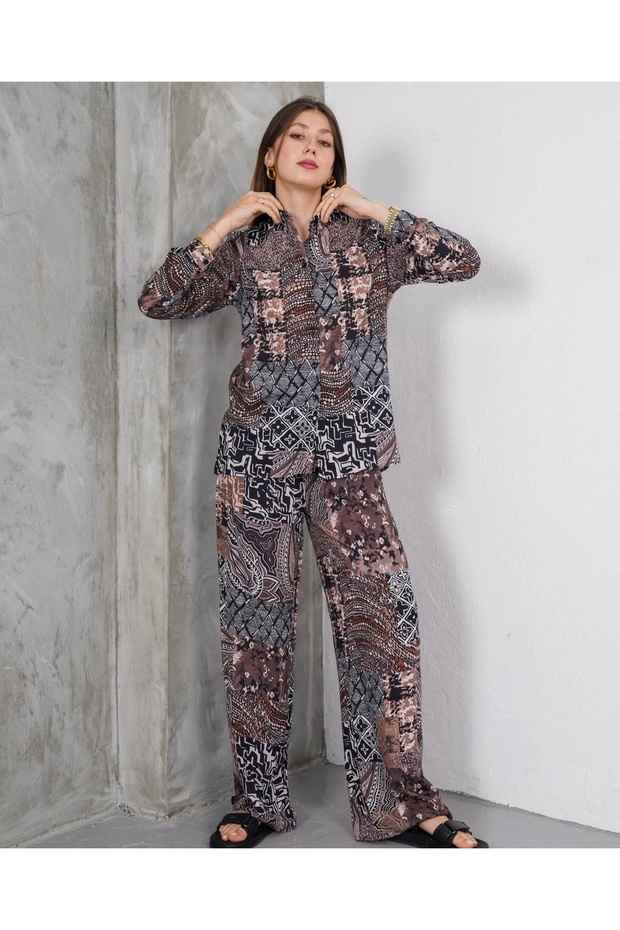 Women's Coffee Bottom Top Shirt Pants Viscose Set