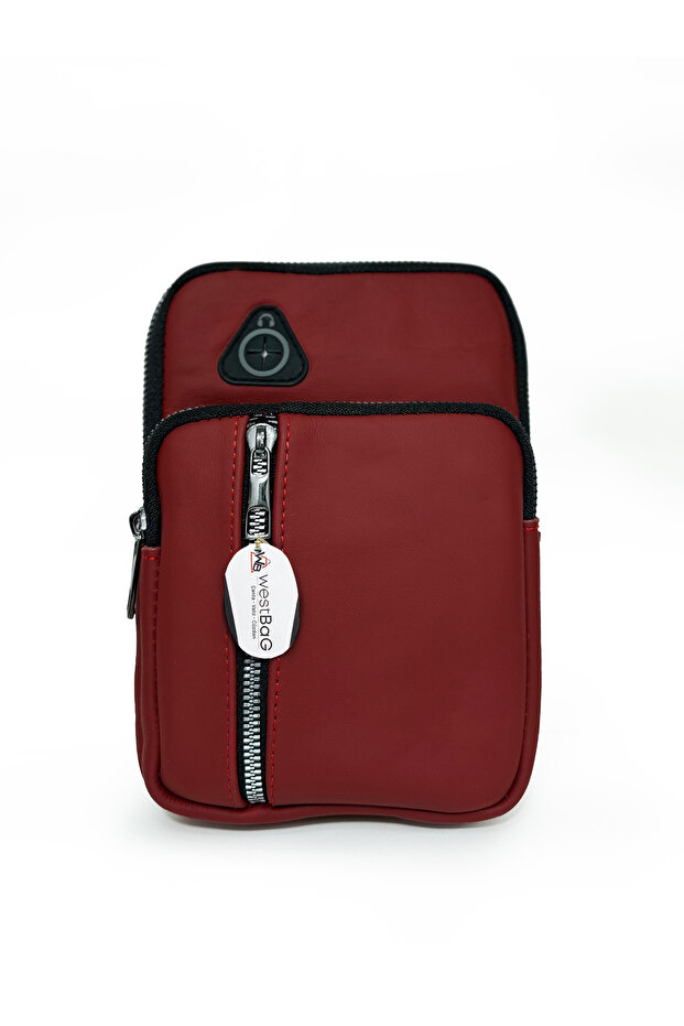 Genuine Leather Red Cross Shoulder Bag Bodybag with Phone Compartment & Headphone Outlet