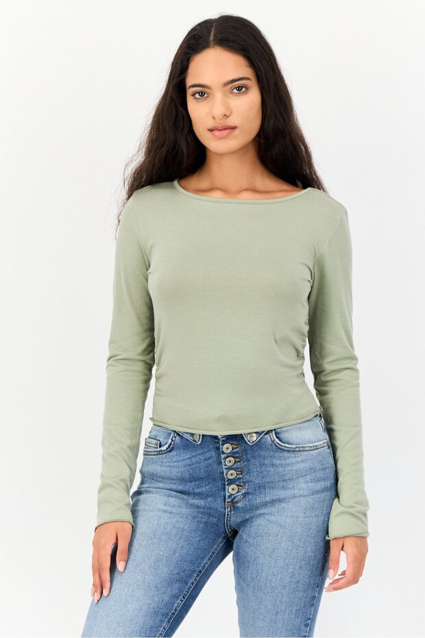 Women Round Neck Long Sleeve Plain Top, Sage Green - 1