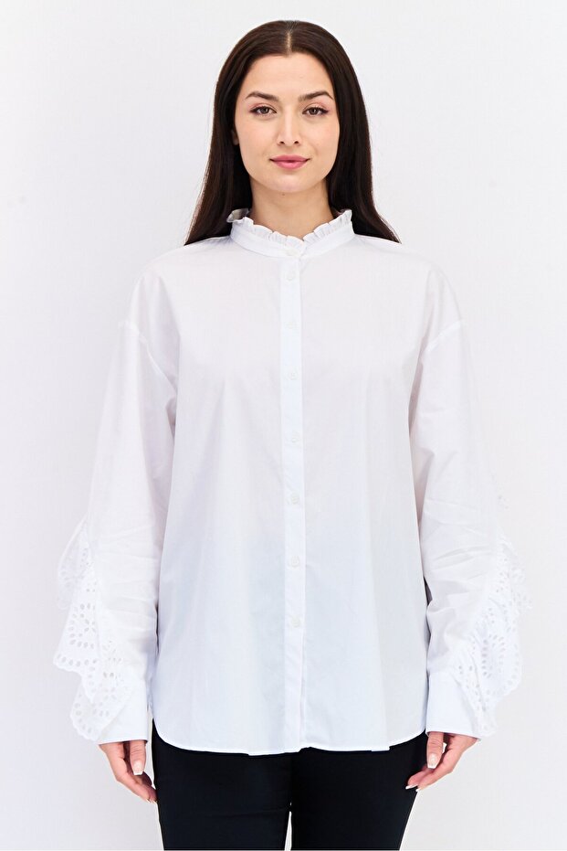 Women Ruffled Neck Long Sleeves Solid Shirt, White