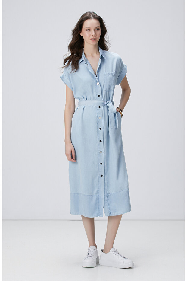 Açık Mavi Midi Denim Elbise - 3