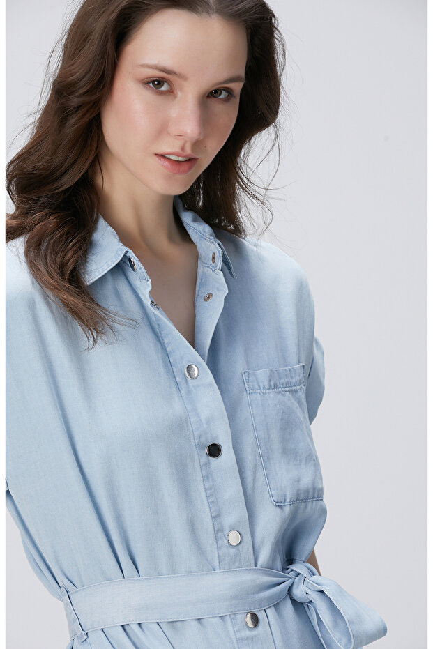 Açık Mavi Midi Denim Elbise - 2