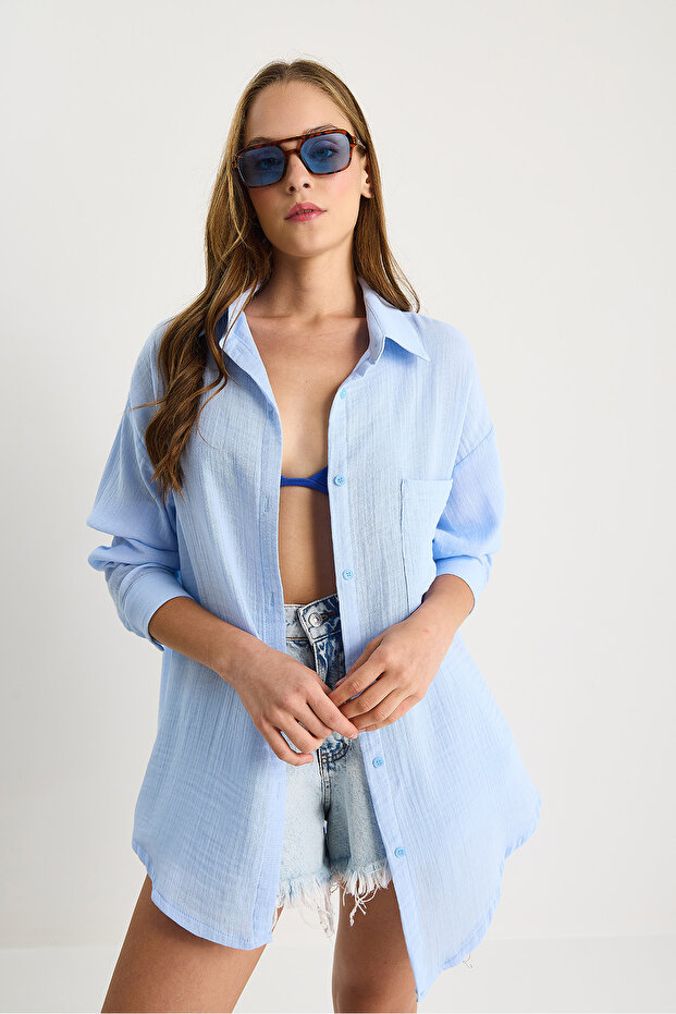 Kadın Oversize Basic Müslin Gömlek 60282021 - 5