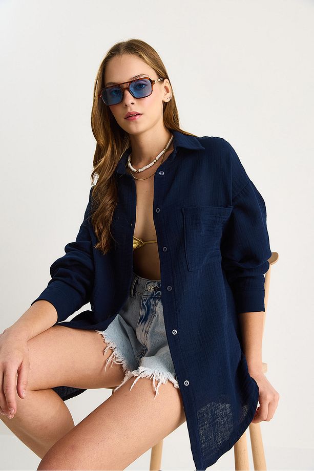 Kadın Oversize Basic Müslin Gömlek 60282021 - 3