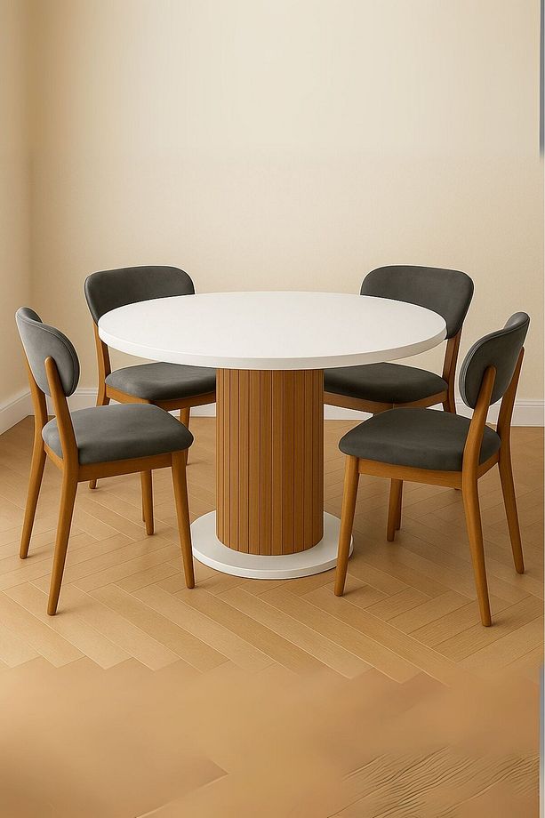 4 Kişilik Yuvarlak Yemek Masası – 36mm MDF Tabla, Kayın Cilalı Ayak, Bohem Stil (Sandalyesiz) - 2