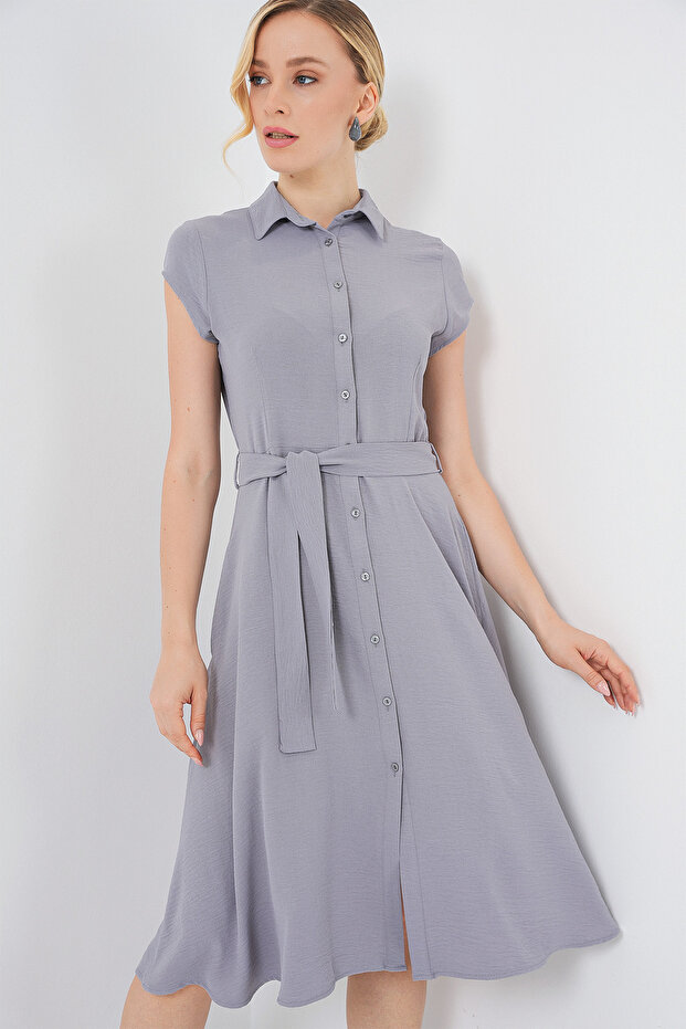 1677 Full-Length Buttoned Belted Dress - Grey