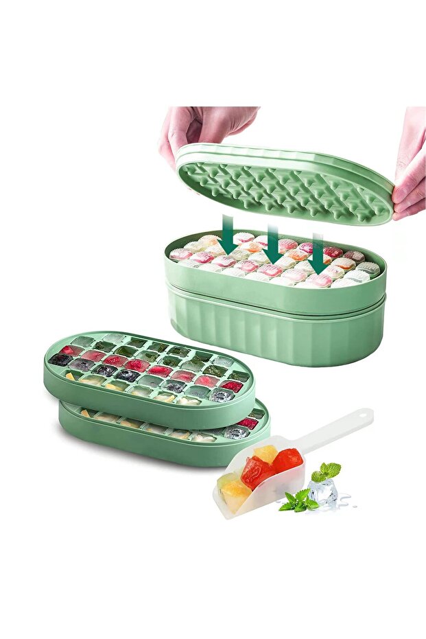 Ice Cube Trays,72Pcs square ice cube mold with Lid and Bin,Easy Release & Safety material (Green) - 6