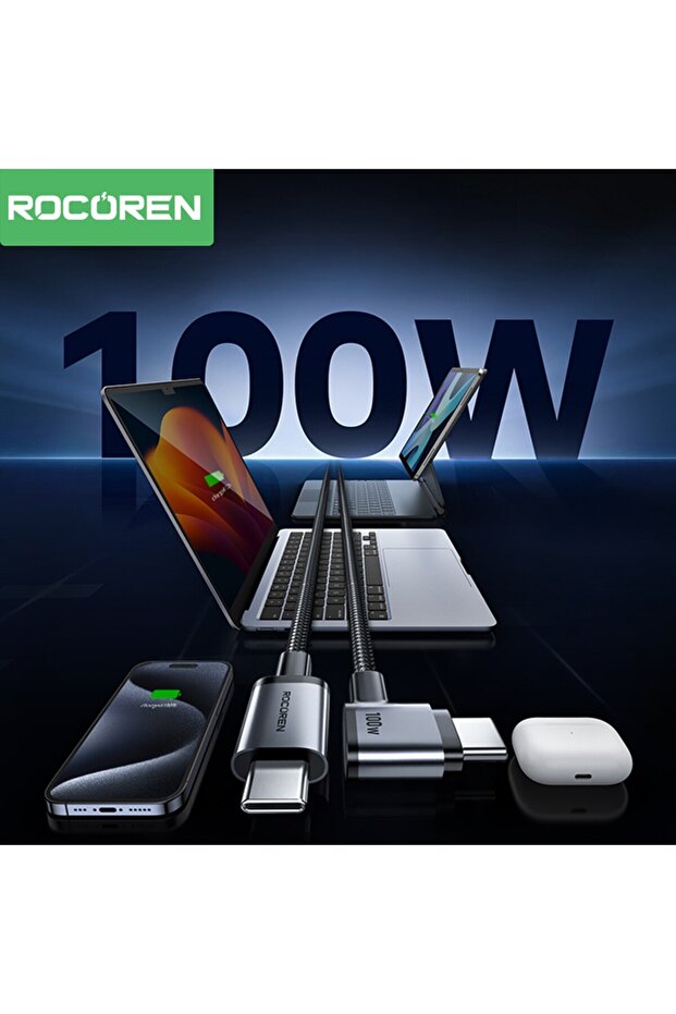 100W Type-C to Type-C 90° Örgülü PD Hızlı Şarj ve Data Kablosu 1 Metre - 2