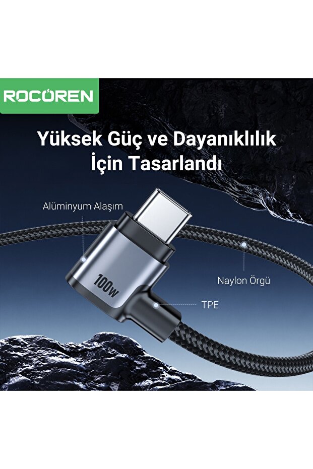 100W Type-C to Type-C 90° Örgülü PD Hızlı Şarj ve Data Kablosu 1 Metre - 6