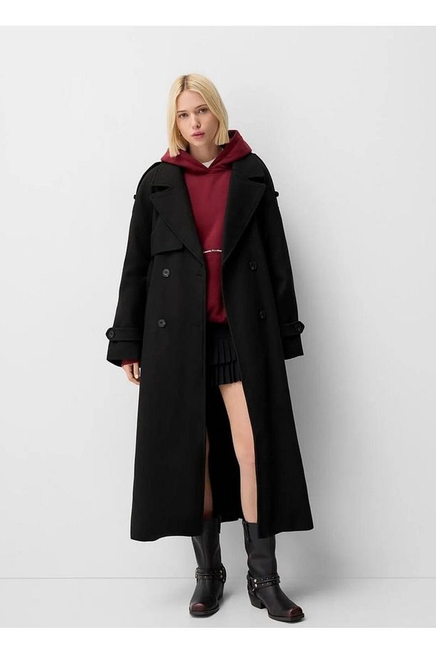Allbucks Bersh ka, Siyah Oversize Yün Içerikli Kaşe Trençkot Kaban Abbrs1009 - 1