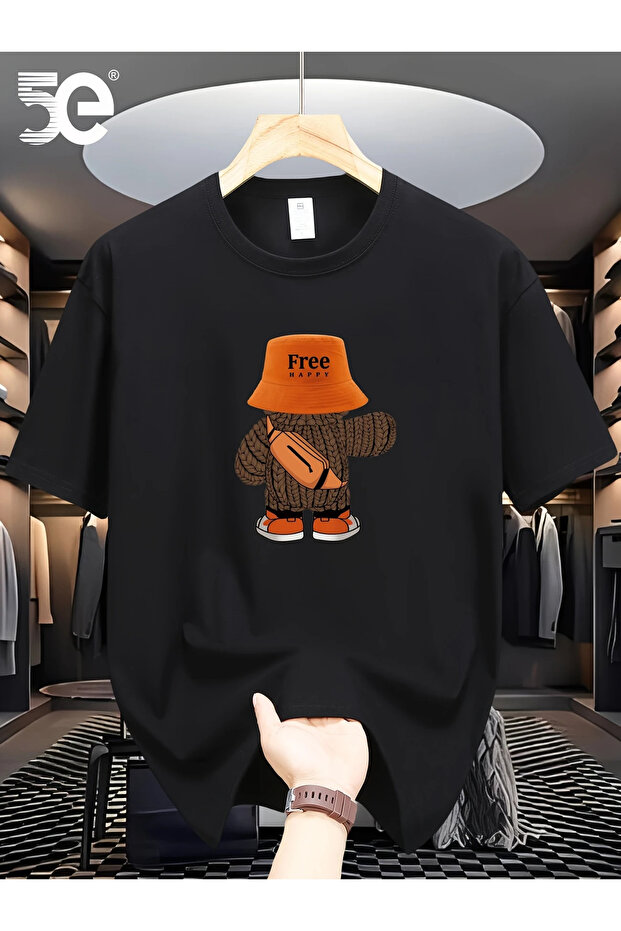 Unisex Cotton Black Oversize "Free Happy" Printed Crew Neck Comfortable T-Shirt