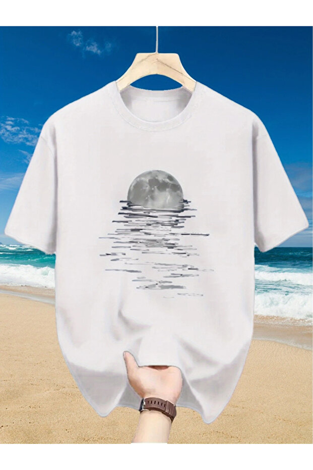 Unisex Cotton Black Oversize "Moon and Sea" Printed Crew Neck Comfortable T-Shirt