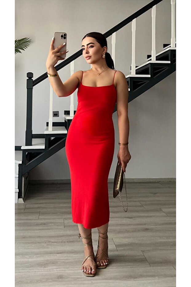 Kırmızı Çelik Örme Askılı Elbise - 6