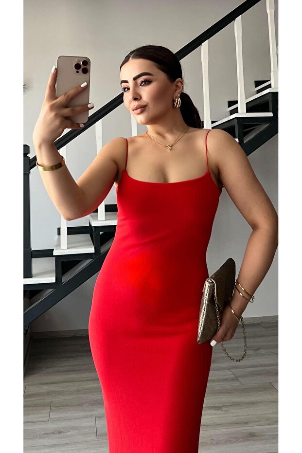 Kırmızı Çelik Örme Askılı Elbise - 2