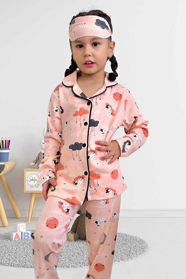 Cloud and Lamb Pattern Shirt Collar Girls' Pajamas Set