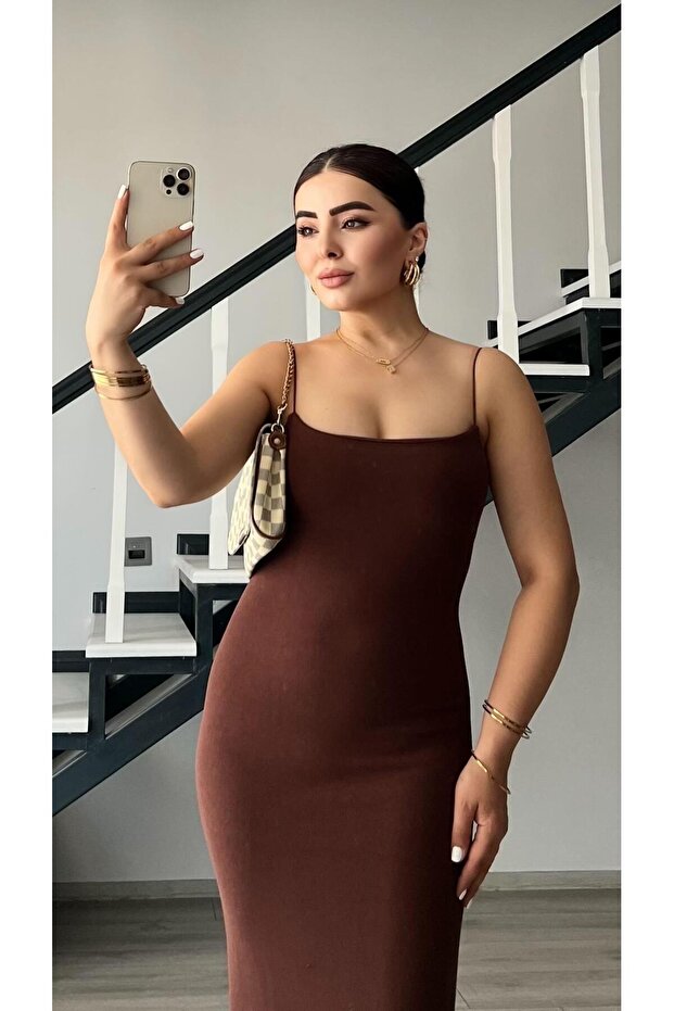 Acı Kahve Çelik Örme Askılı Elbise - 3