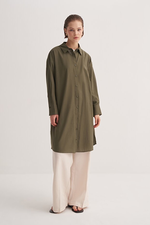 Women's Organic Cotton Long Basic Shirt Khaki